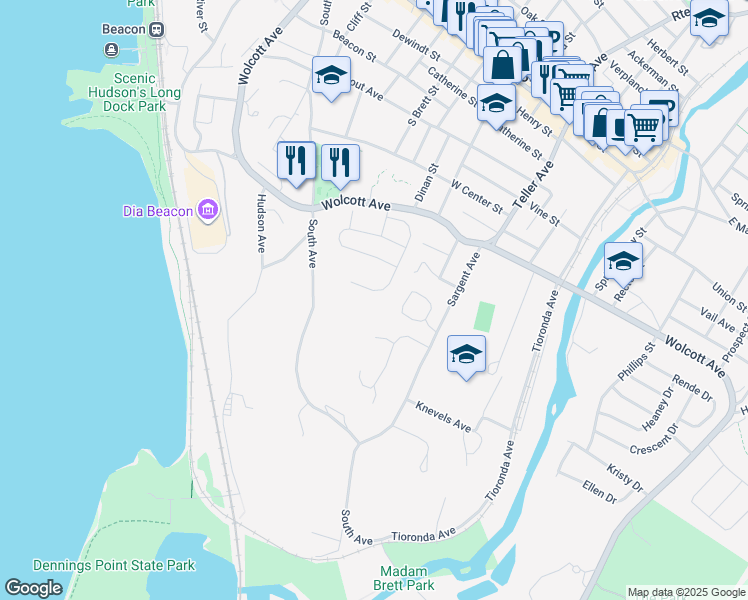 map of restaurants, bars, coffee shops, grocery stores, and more near 34 Victor Rd in Beacon