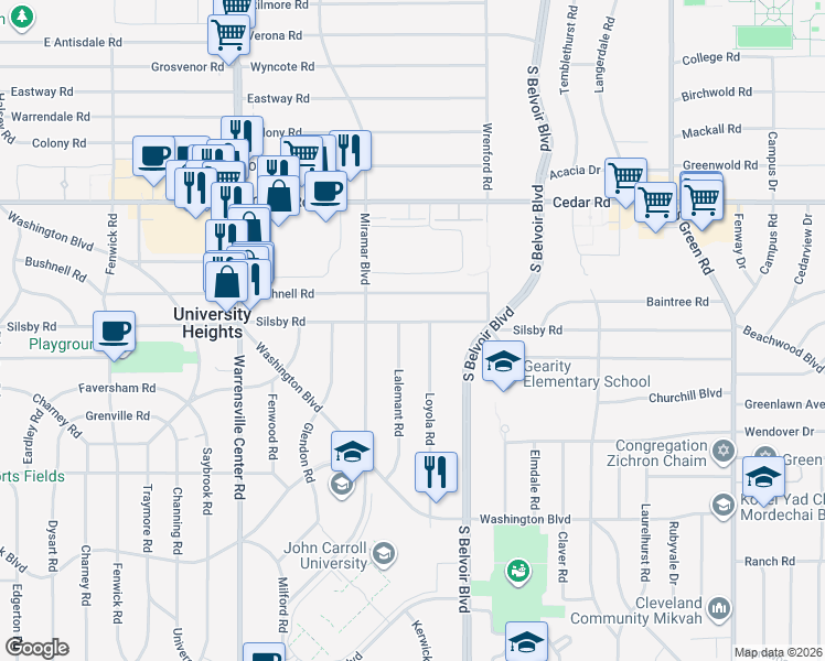 map of restaurants, bars, coffee shops, grocery stores, and more near 4182 Silsby Road in University Heights