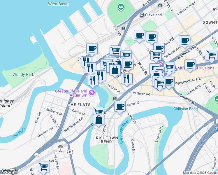 map of restaurants, bars, coffee shops, grocery stores, and more near 1384 West 10th Street in Cleveland