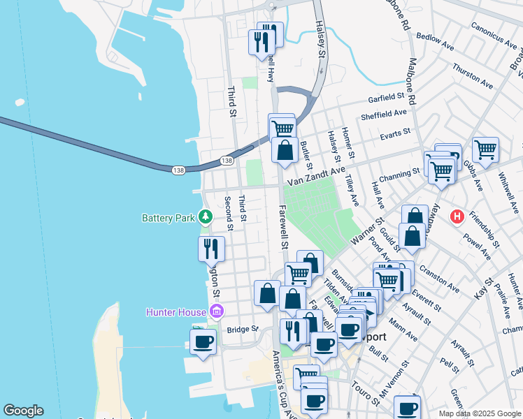 map of restaurants, bars, coffee shops, grocery stores, and more near 11 Lasalle Place in Newport