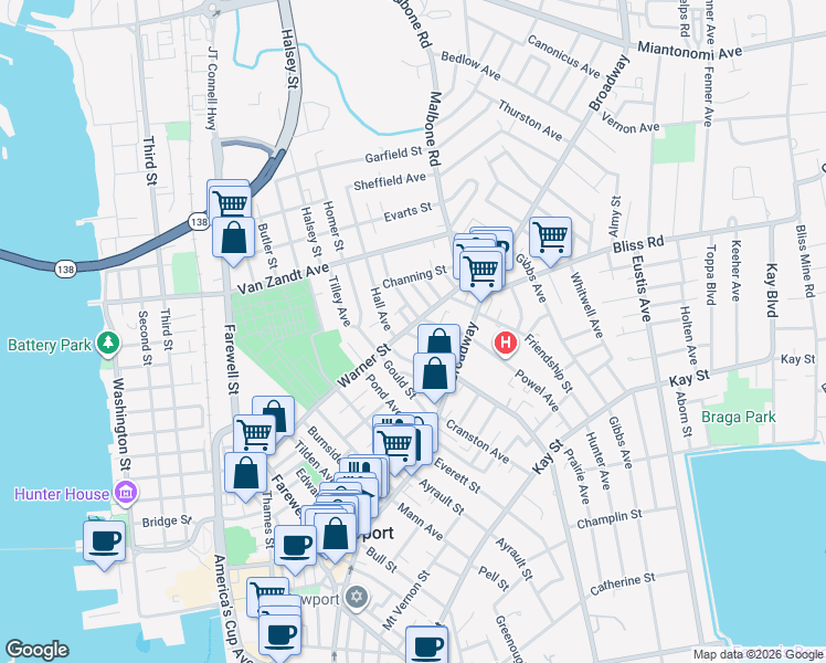 map of restaurants, bars, coffee shops, grocery stores, and more near 22 Bayview Avenue in Newport