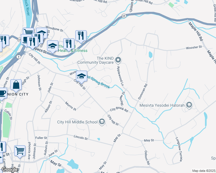 map of restaurants, bars, coffee shops, grocery stores, and more near 139 Brook Street in Naugatuck