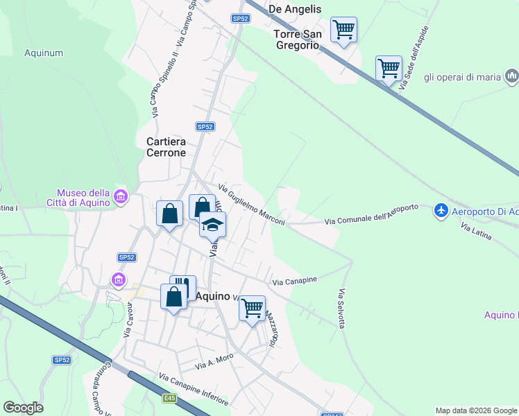 map of restaurants, bars, coffee shops, grocery stores, and more near 23 Via Guglielmo Marconi in Aquino
