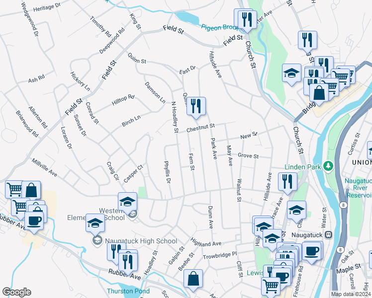 map of restaurants, bars, coffee shops, grocery stores, and more near 108 Fern Street in Naugatuck