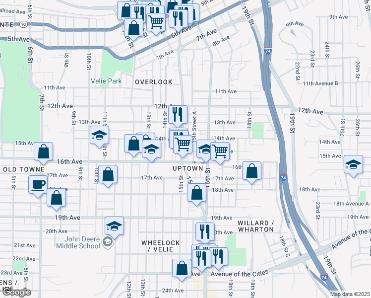 map of restaurants, bars, coffee shops, grocery stores, and more near 1420 1/2 15th Street in Moline