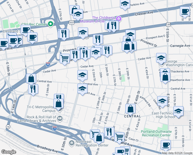 map of restaurants, bars, coffee shops, grocery stores, and more near 2212 East 35th Street in Cleveland