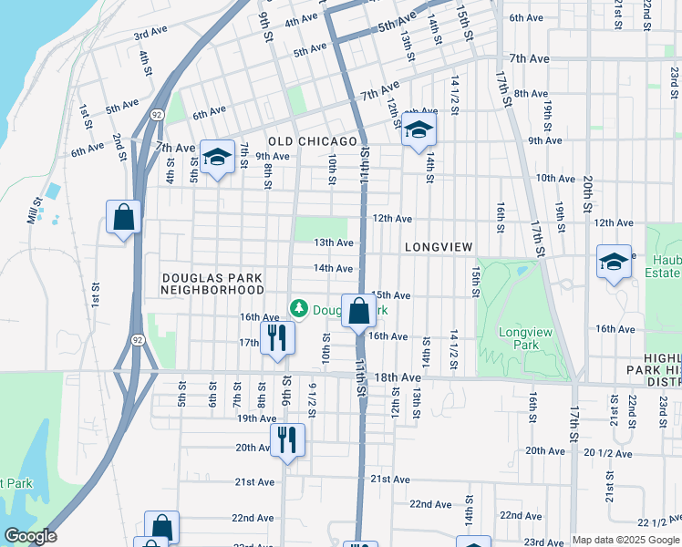 map of restaurants, bars, coffee shops, grocery stores, and more near 1014 14th Avenue in Rock Island