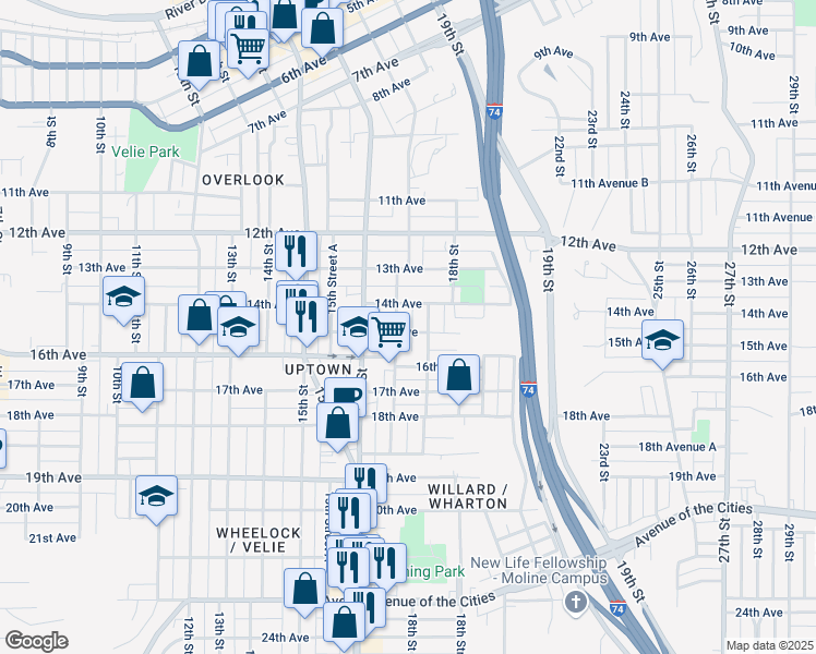 map of restaurants, bars, coffee shops, grocery stores, and more near 1715 15th Avenue in Moline
