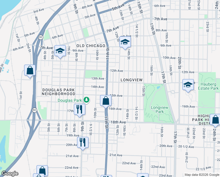 map of restaurants, bars, coffee shops, grocery stores, and more near 1406 11 1/2 St in Rock Island