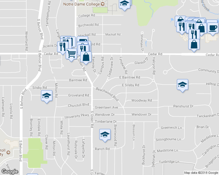 map of restaurants, bars, coffee shops, grocery stores, and more near 23317 East Silsby Road in Beachwood