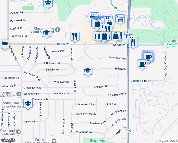 map of restaurants, bars, coffee shops, grocery stores, and more near 24550 Hilltop Drive in Beachwood