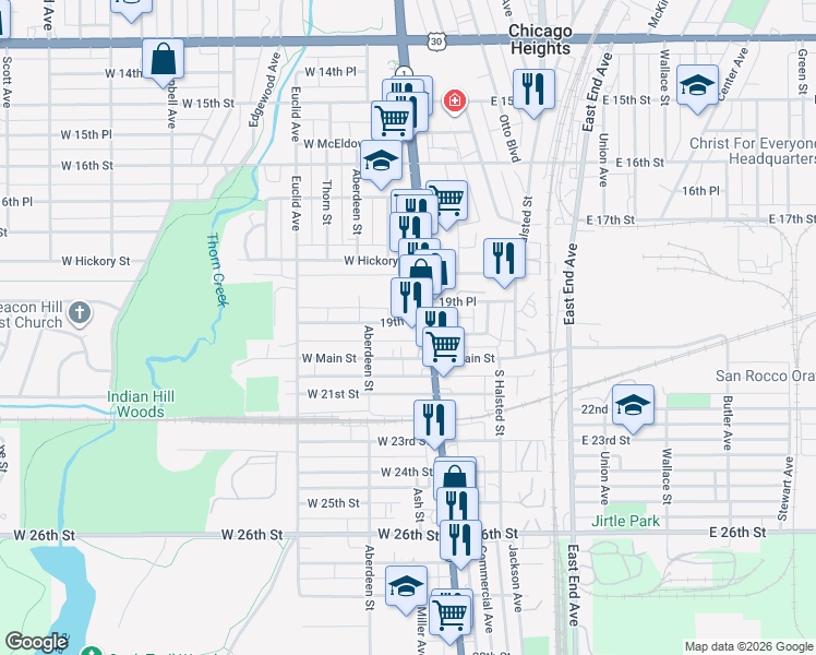 map of restaurants, bars, coffee shops, grocery stores, and more near 18 19th Street in Chicago Heights