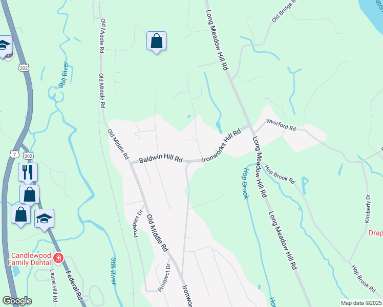 map of restaurants, bars, coffee shops, grocery stores, and more near 76 Ironworks Hill Road in Brookfield