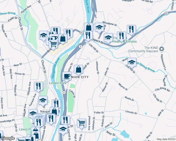 map of restaurants, bars, coffee shops, grocery stores, and more near 623 High Street in Naugatuck