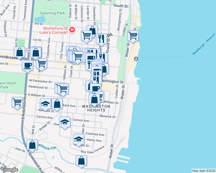 map of restaurants, bars, coffee shops, grocery stores, and more near 80 Liberty Street in Newburgh