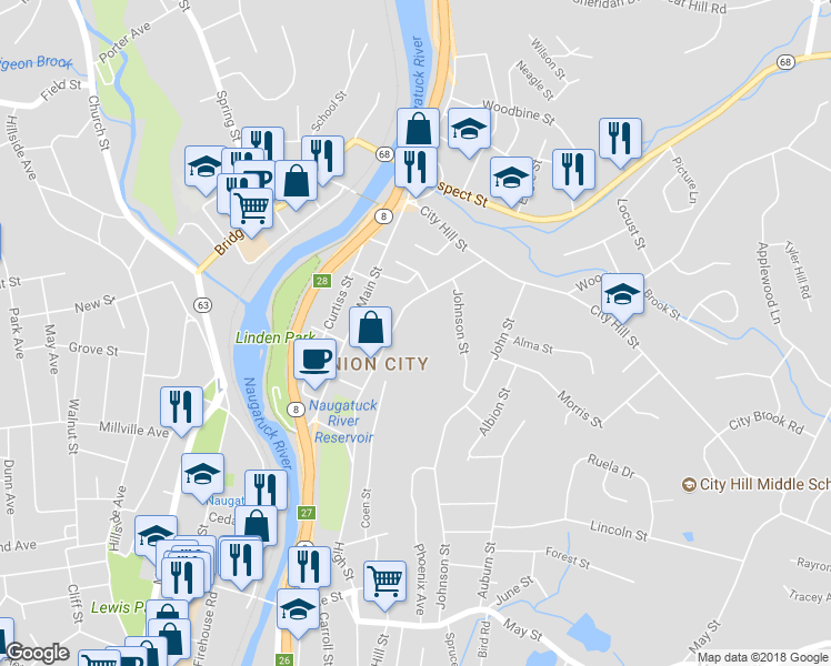 map of restaurants, bars, coffee shops, grocery stores, and more near 623 High Street in Naugatuck