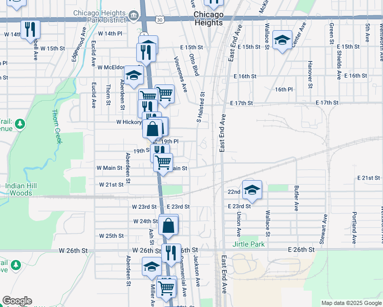 map of restaurants, bars, coffee shops, grocery stores, and more near 1914 South Halsted Street in Chicago Heights