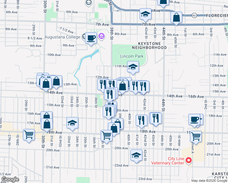 map of restaurants, bars, coffee shops, grocery stores, and more near 1335 38th Street in Rock Island