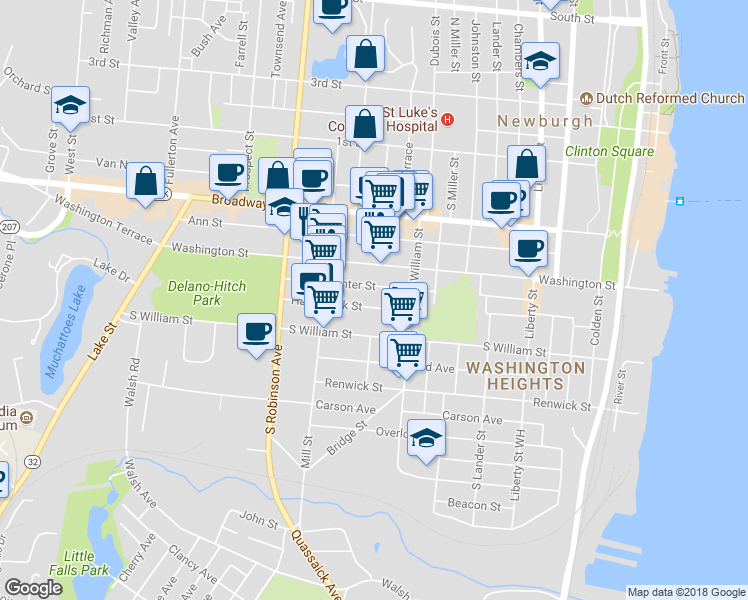 map of restaurants, bars, coffee shops, grocery stores, and more near 32 Hasbrouck Street in Newburgh