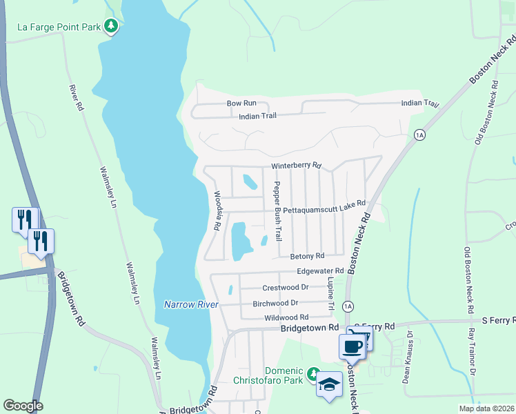 map of restaurants, bars, coffee shops, grocery stores, and more near 99 Pettaquamscutt Lake Road in Narragansett