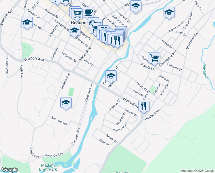 map of restaurants, bars, coffee shops, grocery stores, and more near 866 Wolcott Avenue in Beacon