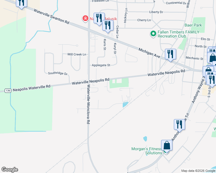 map of restaurants, bars, coffee shops, grocery stores, and more near 1177 Farnsworth Rd in Waterville