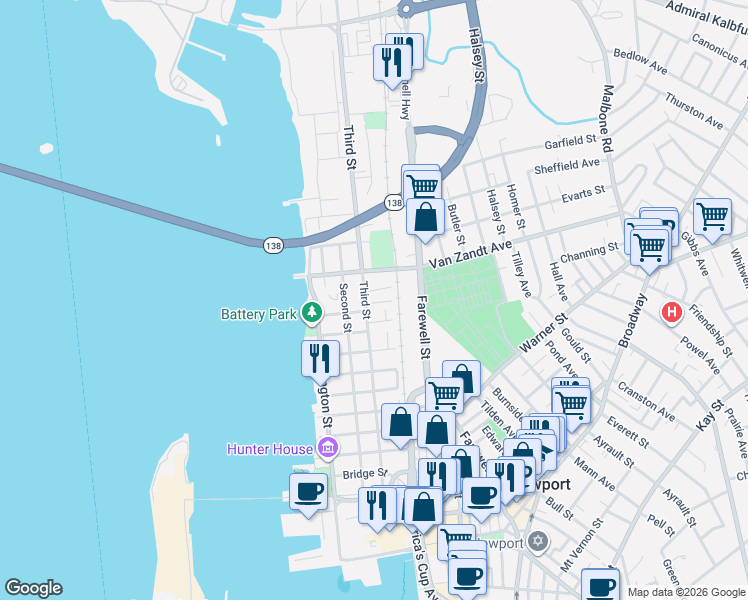 map of restaurants, bars, coffee shops, grocery stores, and more near 3 Lasalle Place in Newport