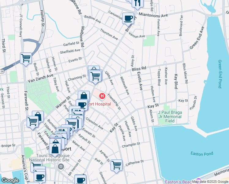 map of restaurants, bars, coffee shops, grocery stores, and more near 82 Gibbs Avenue in Newport