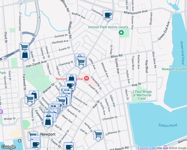 map of restaurants, bars, coffee shops, grocery stores, and more near 11 Friendship Street in Newport