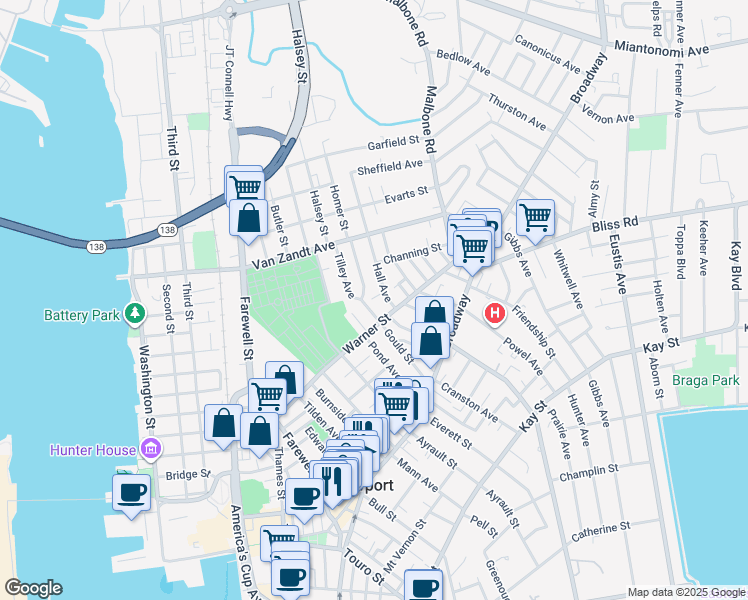 map of restaurants, bars, coffee shops, grocery stores, and more near 53 Gould Street in Newport
