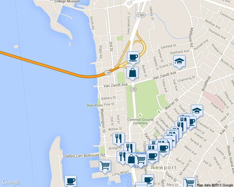 map of restaurants, bars, coffee shops, grocery stores, and more near 3 Lasalle Place in Newport