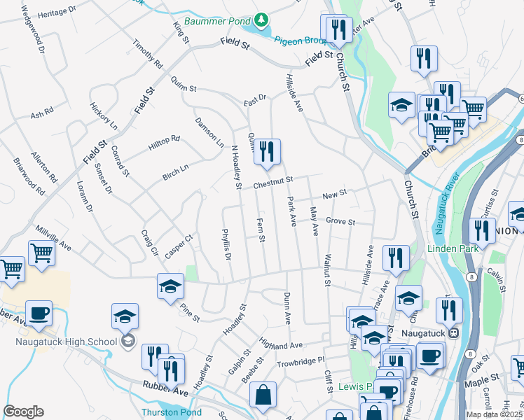 map of restaurants, bars, coffee shops, grocery stores, and more near 94 Quinn Street in Naugatuck
