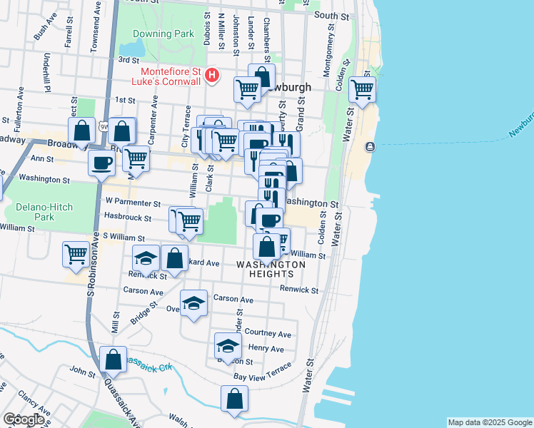 map of restaurants, bars, coffee shops, grocery stores, and more near 13 East Parmenter Street in Newburgh