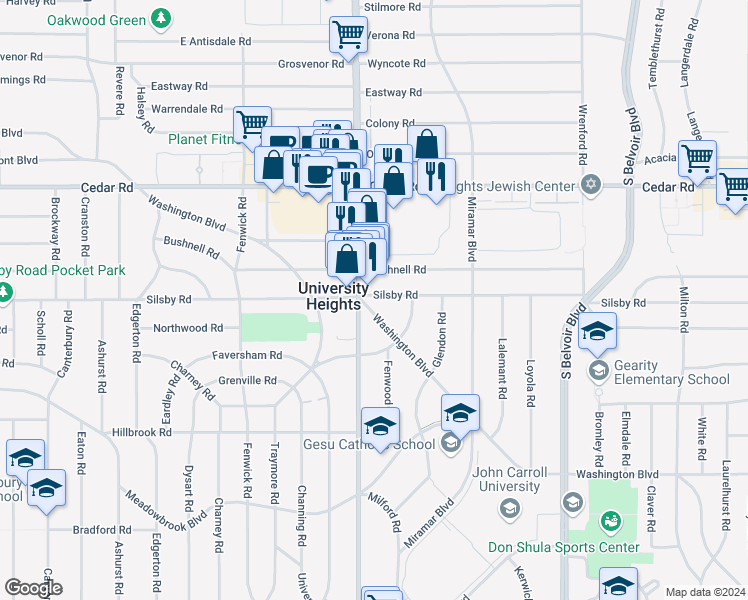 map of restaurants, bars, coffee shops, grocery stores, and more near 4009 Washington Boulevard in University Heights