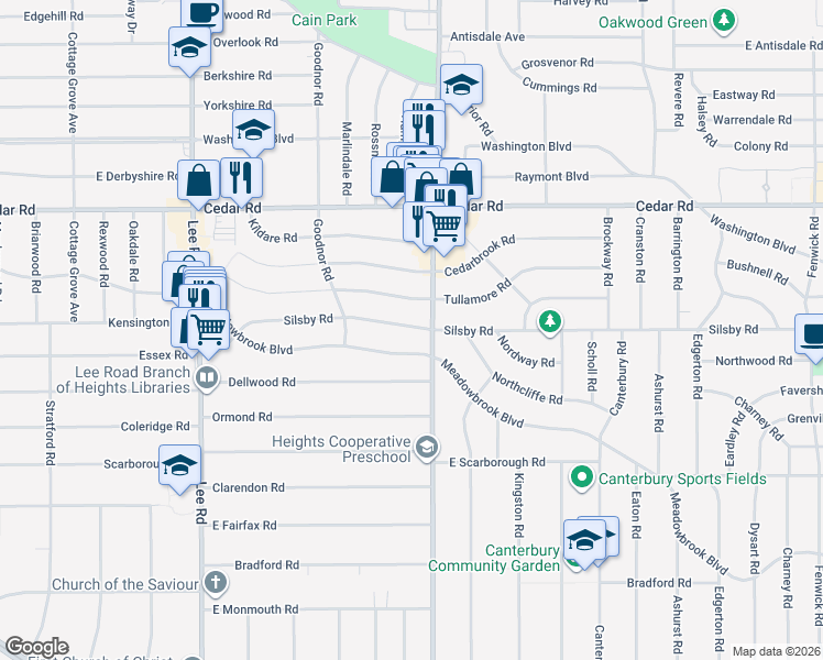 map of restaurants, bars, coffee shops, grocery stores, and more near 2284 South Taylor Road in Cleveland Heights