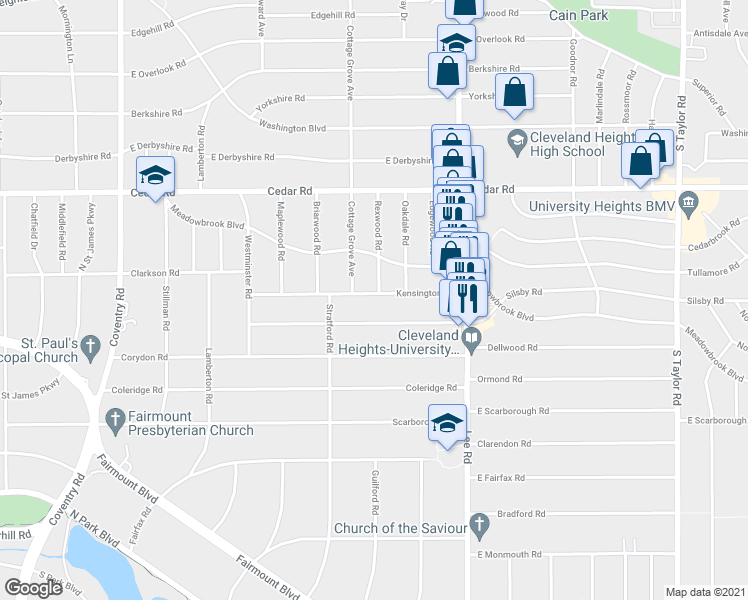 map of restaurants, bars, coffee shops, grocery stores, and more near 3106 Kensington Road in Cleveland Heights