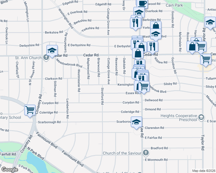 map of restaurants, bars, coffee shops, grocery stores, and more near 3058 Kensington Road in Cleveland Heights