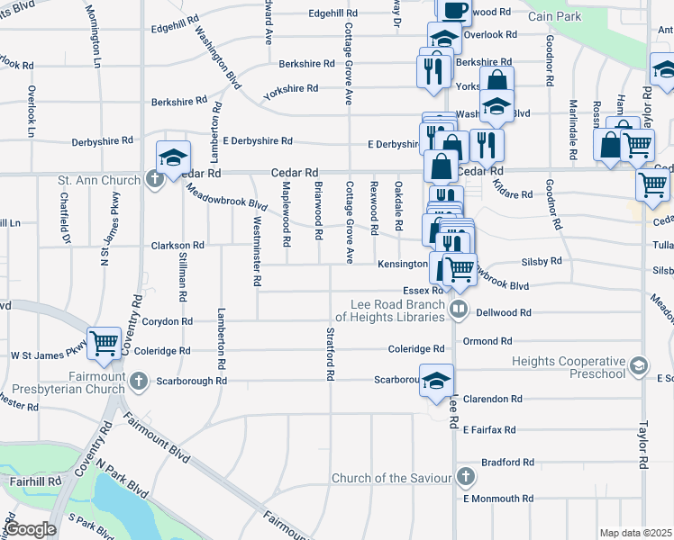 map of restaurants, bars, coffee shops, grocery stores, and more near 3058 Kensington Road in Cleveland Heights