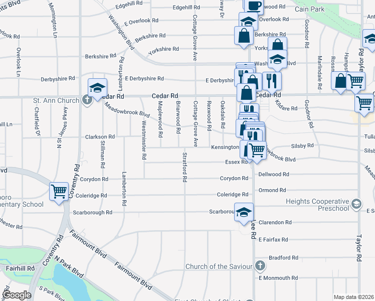 map of restaurants, bars, coffee shops, grocery stores, and more near 3022 Kensington Road in Cleveland Heights