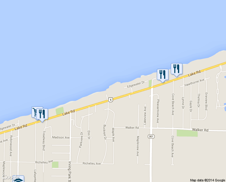 map of restaurants, bars, coffee shops, grocery stores, and more near 5115 Lake Road in Sheffield Lake