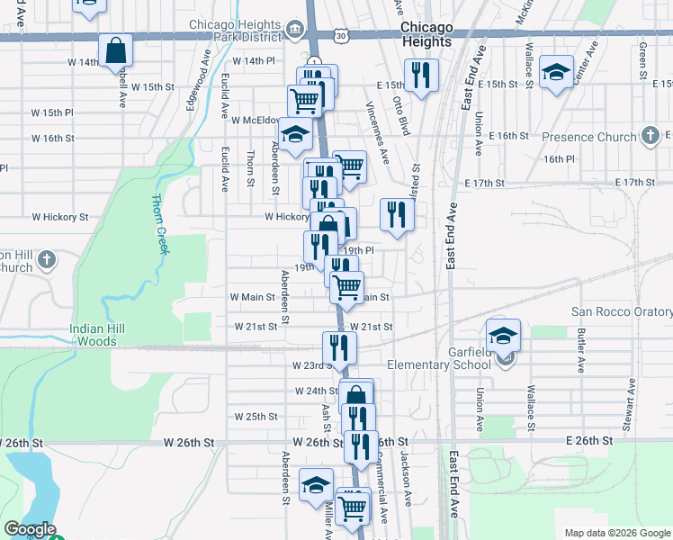 map of restaurants, bars, coffee shops, grocery stores, and more near 1906 Chicago Road in Chicago Heights