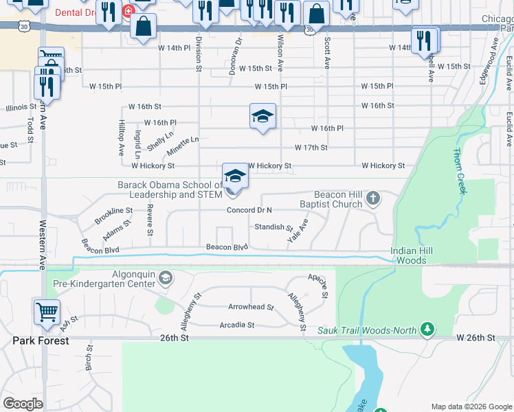 map of restaurants, bars, coffee shops, grocery stores, and more near 1927 Bunker Street in Chicago Heights