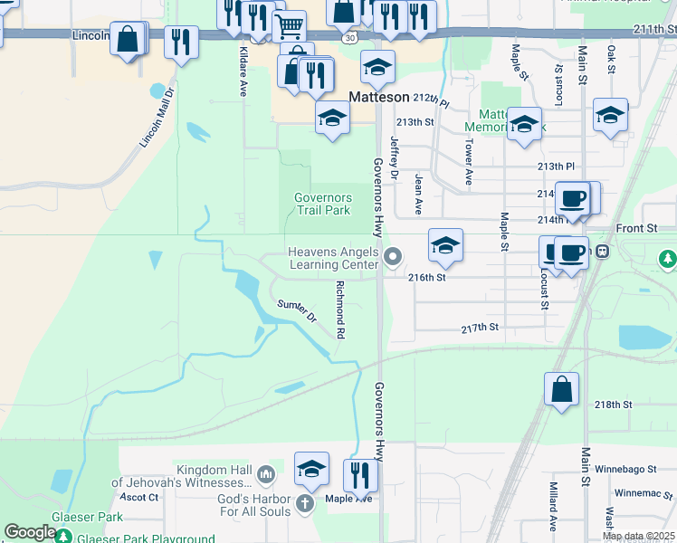 map of restaurants, bars, coffee shops, grocery stores, and more near 4062 216th Street in Matteson