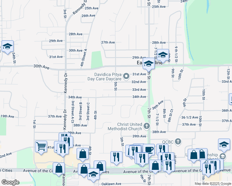 map of restaurants, bars, coffee shops, grocery stores, and more near 509 34th Avenue in East Moline
