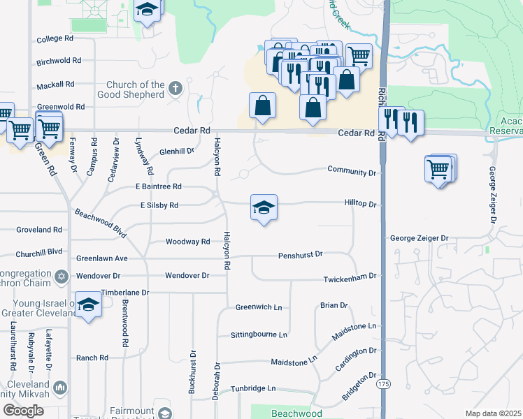 map of restaurants, bars, coffee shops, grocery stores, and more near 24550 Hilltop Drive in Beachwood
