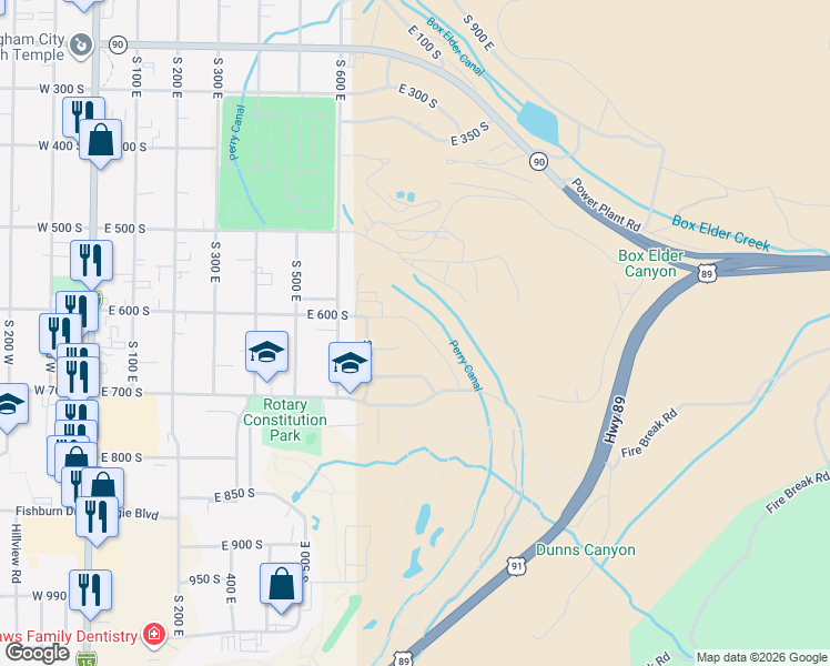 map of restaurants, bars, coffee shops, grocery stores, and more near 624 South 900 East in Brigham City