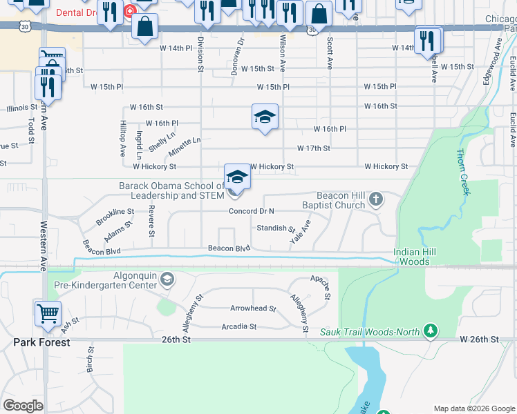 map of restaurants, bars, coffee shops, grocery stores, and more near 1927 Bunker Street in Chicago Heights
