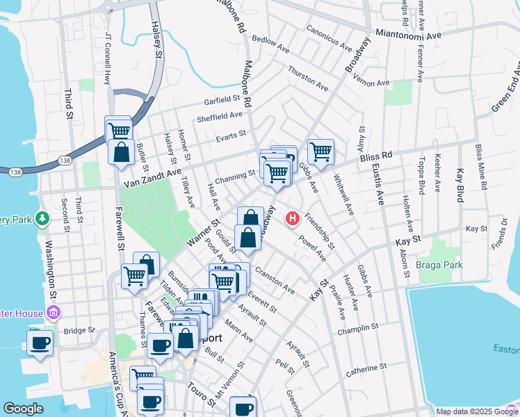 map of restaurants, bars, coffee shops, grocery stores, and more near 5 Newport Avenue in Newport