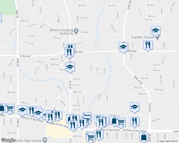 map of restaurants, bars, coffee shops, grocery stores, and more near 1503 43rd Street in Moline