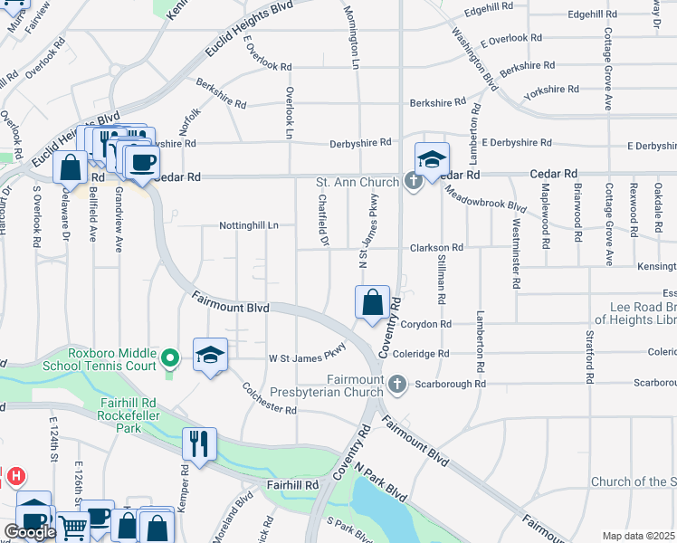 map of restaurants, bars, coffee shops, grocery stores, and more near 2276 Chatfield Drive in Cleveland Heights